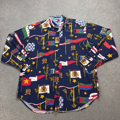 VINTAGE Tommy Hilfiger Hemd Erwachsene Large blau AOP Maritim Segeln Flagge Herren