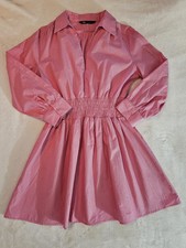 Zara Pink Poplin Long Sleeve V-neck Mini Dress Size Small Stretchy Waist EUC.   