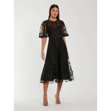 Mac Duggal 69036 Black Flutter Sleeve Embroidered Midi Dress Size 10 NWT