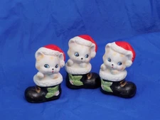 HOMCO KITTENS in SANTA'S BOOTS 3pc Set 2.5" Ceramic Figurines Vintage 1980's