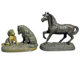 Antique VICTORIAN Spelter CAN’T YOU TALK STATUE Old CHILD DOG Horse SCULPTURE