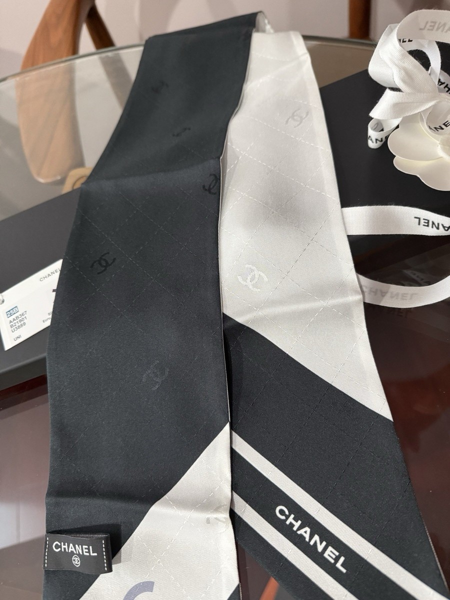 CHANEL 25B Ecru, Black & Gray CC Logo Silk Slim Bandeau Scarf | eBay