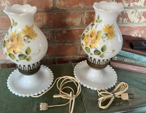 Vintage Yellow Rose Hobnail Ruffled Key Knob Hurricane Lamps Milk Glass