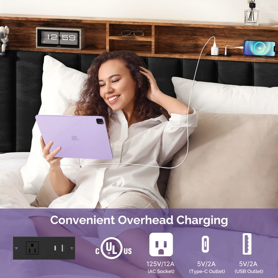 Metal Bed Frame with LED Lighting & Storage Headboard & Charging Full Queen Size - Image 4 of 4