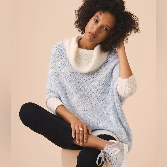Lou & Grey | Cowl Neck Sky High Poncho Sweater Blue Ivory XS/S Boho Festival