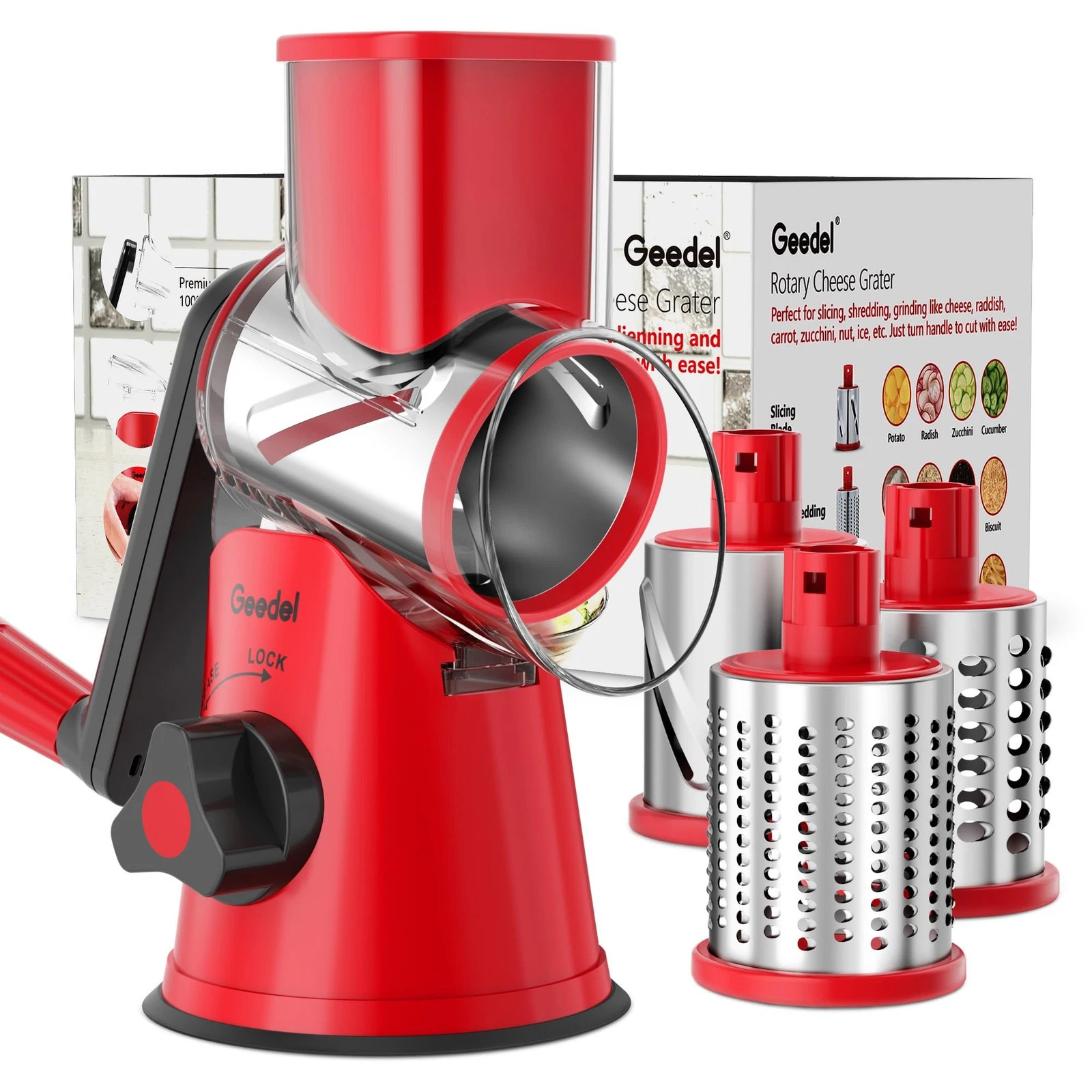 Rotary Cheese Grater, Kitchen Mandoline Vegetable Slicer with 3 Interchangeab...