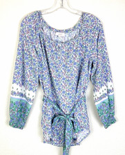 Loft Peasant Top Size M Blue Green Floral Belted Cottagecore Boho