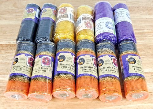 Deco Mesh Ribbon Lot of 12 Halloween Purple Black Gold Orange 6"x5 yd Rolls - Picture 3 of 5