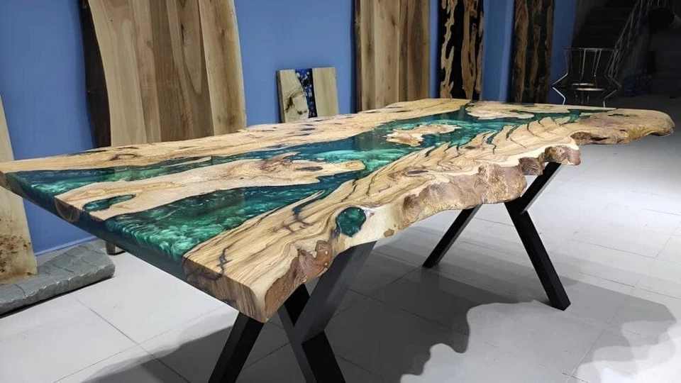 Live Edge Olive Emerald Green Epoxy Resin Dining Table | Handmade Natural Olive - Image 4 of 4