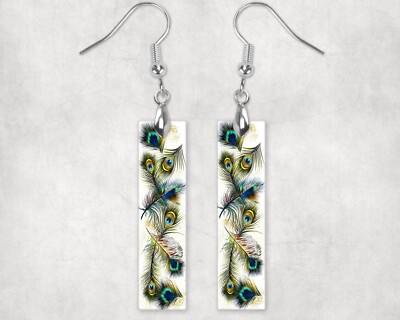 Peacock Feathers  Dangle Wood Bar Printed Earrings Jewelry