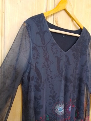 Desigual Size XXL Black Mesh Floral Long Sleeve Top Embellished Sparkle - Picture 6 of 16