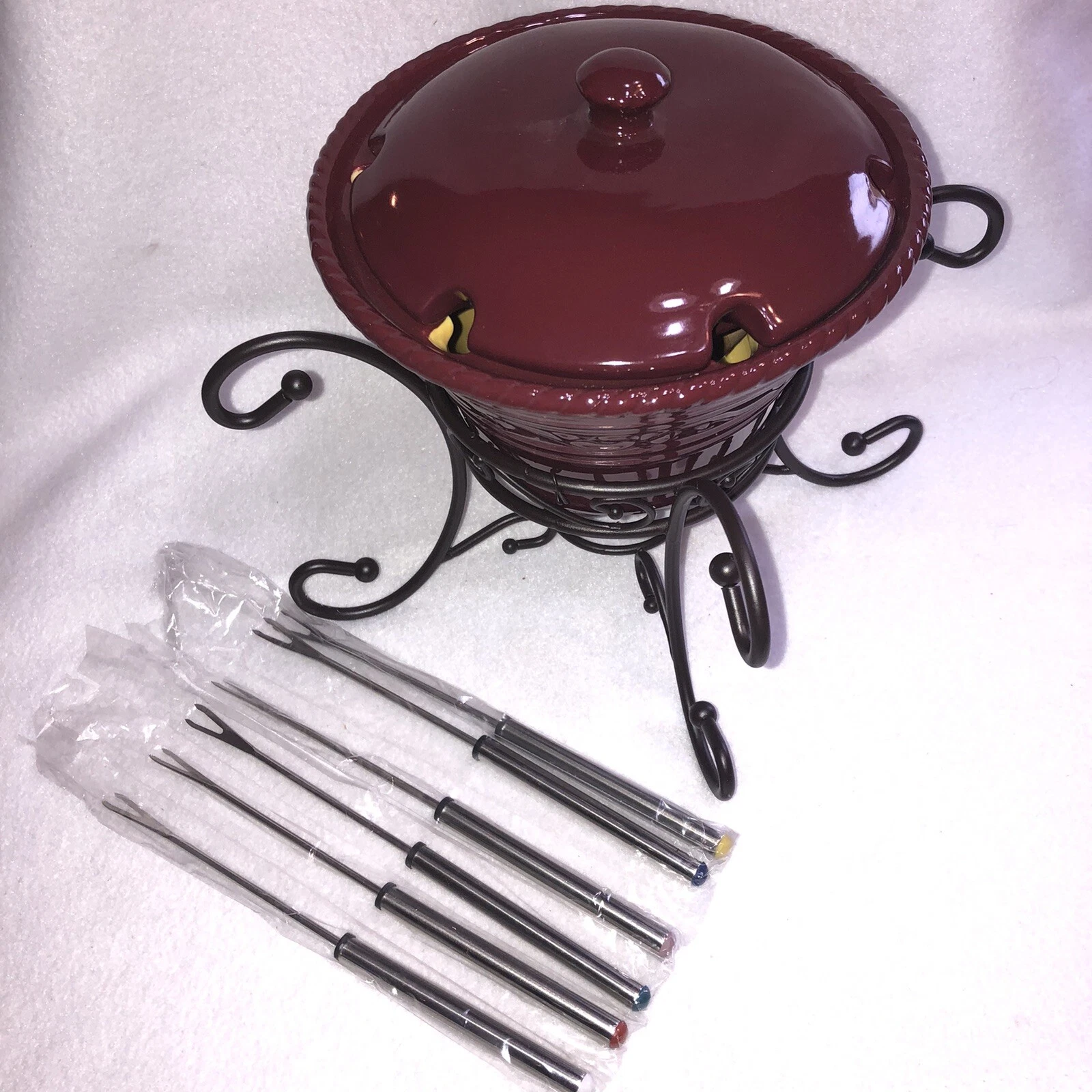Home And Garden Party Stoneware Collection Burgundy Berry Fondue Pot Lid Cradle