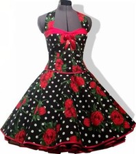 50er Jahre Kleid zum Petticoat schwarz rote Rosen und Punkte Vintage Korsage