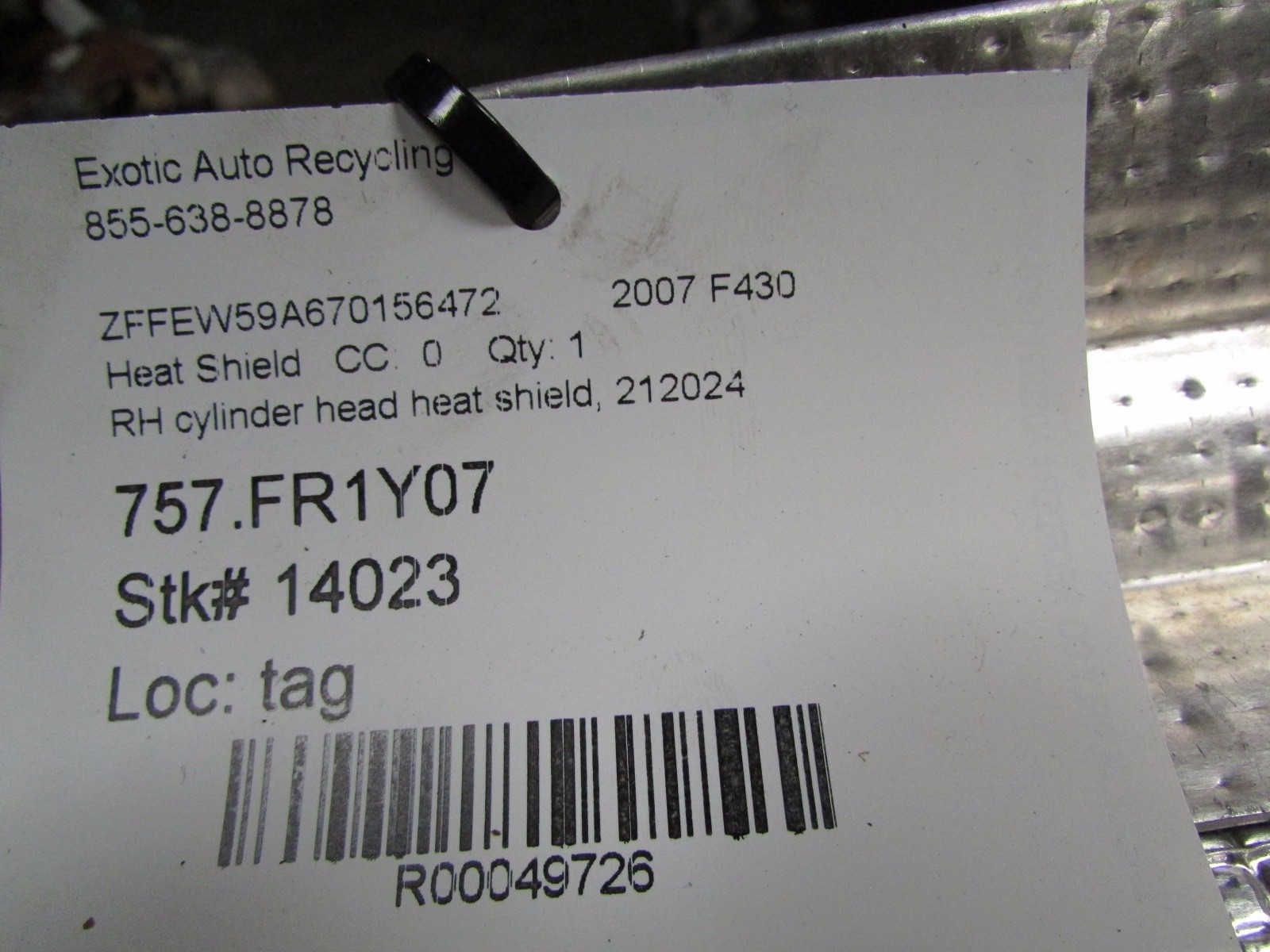 Ferrari F430 Spider, RH, Right Cylinder Head Heat Shield, Used P/N 212024