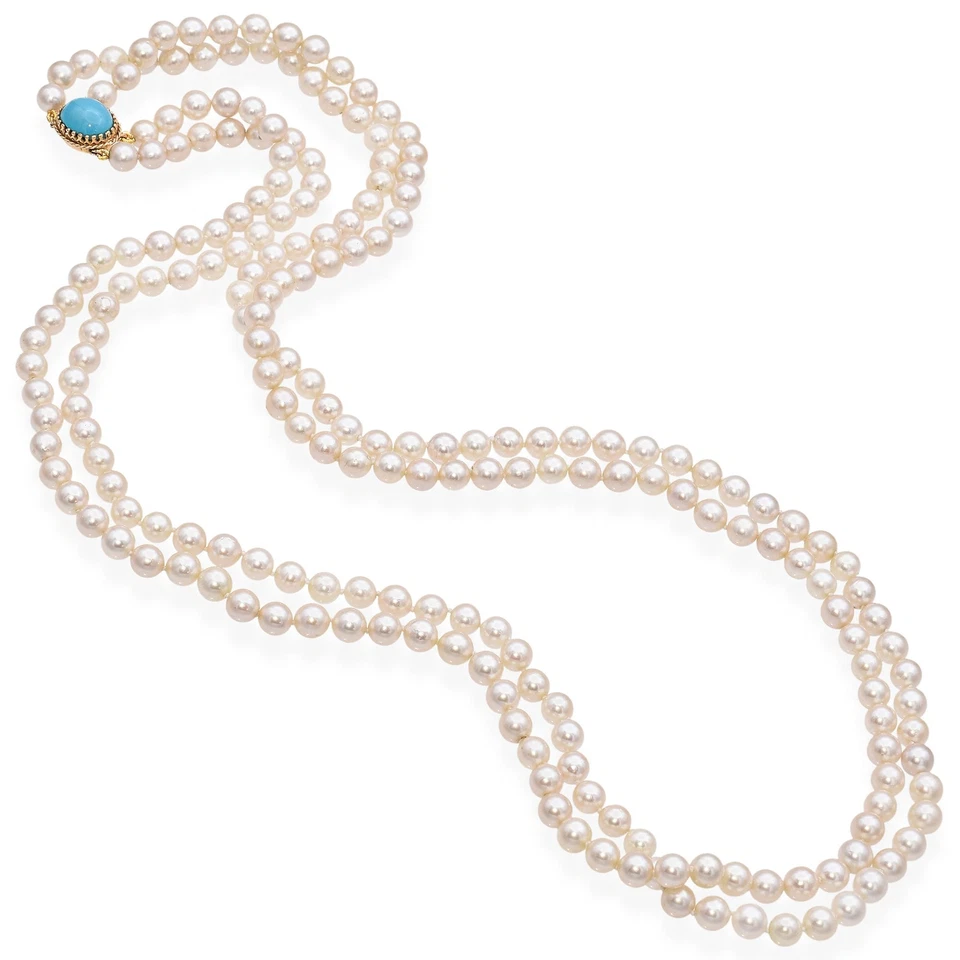 Double Strand Pearl Necklace with Yellow Gold Turquoise Clasp - Image 3 of 4
