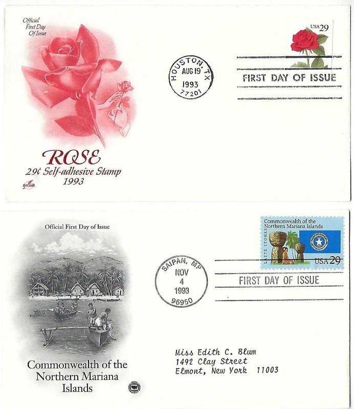 2 '93 FDCs 29c Rose & Commonwealth of the Mariana Isl. on ArtCraft SC#2480 2804