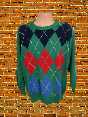 VINTAGE GRÜNER PULLOVER LARGE BAUMWOLLE HERREN LANGARM ARGYLE SWEATSHIRT RUNDHALSAUSSCHNITT 