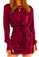 BTFBM Women's Long Sleeve Satin Tie Waist Ruched Wrap Dress Size Large