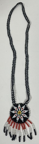 Vintage Hand Made Native Flower Seed Bead on Leather Necklace 14.5"