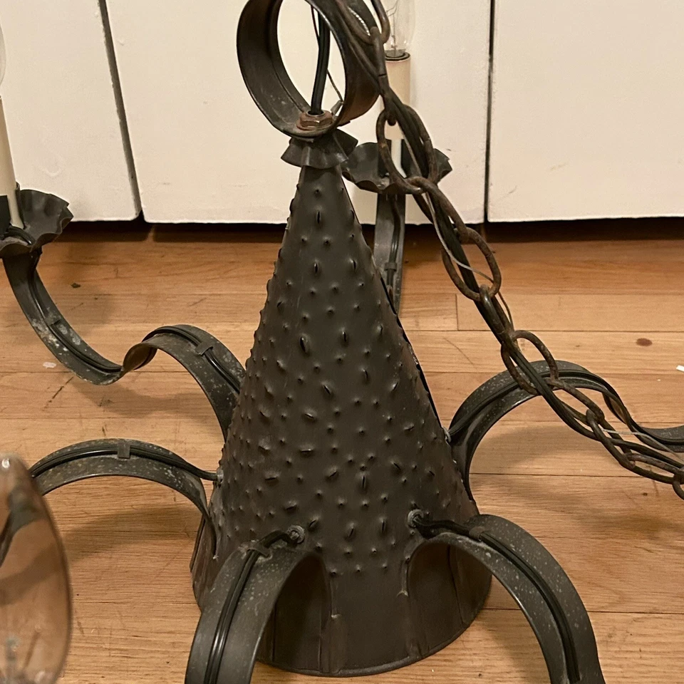 VTG HTF Punched Tin Witch Hat 6 Arm Chandelier Light Fixture With Light Bulbs - Image 2 of 4