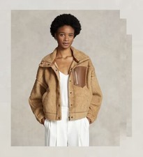 Polo Ralph Lauren Brown Leather Trim High Pile Fleece Cosy Teddy Jacket Size Xs