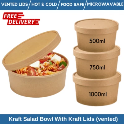 Kraft Salad Bowls & Kraft Lids Round Kraft Paper Takeaway Bowls Disposable