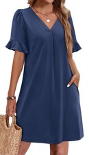 Business Casual Dress for Women Summer Ruffled V Neck Shift Dress with Pocket...