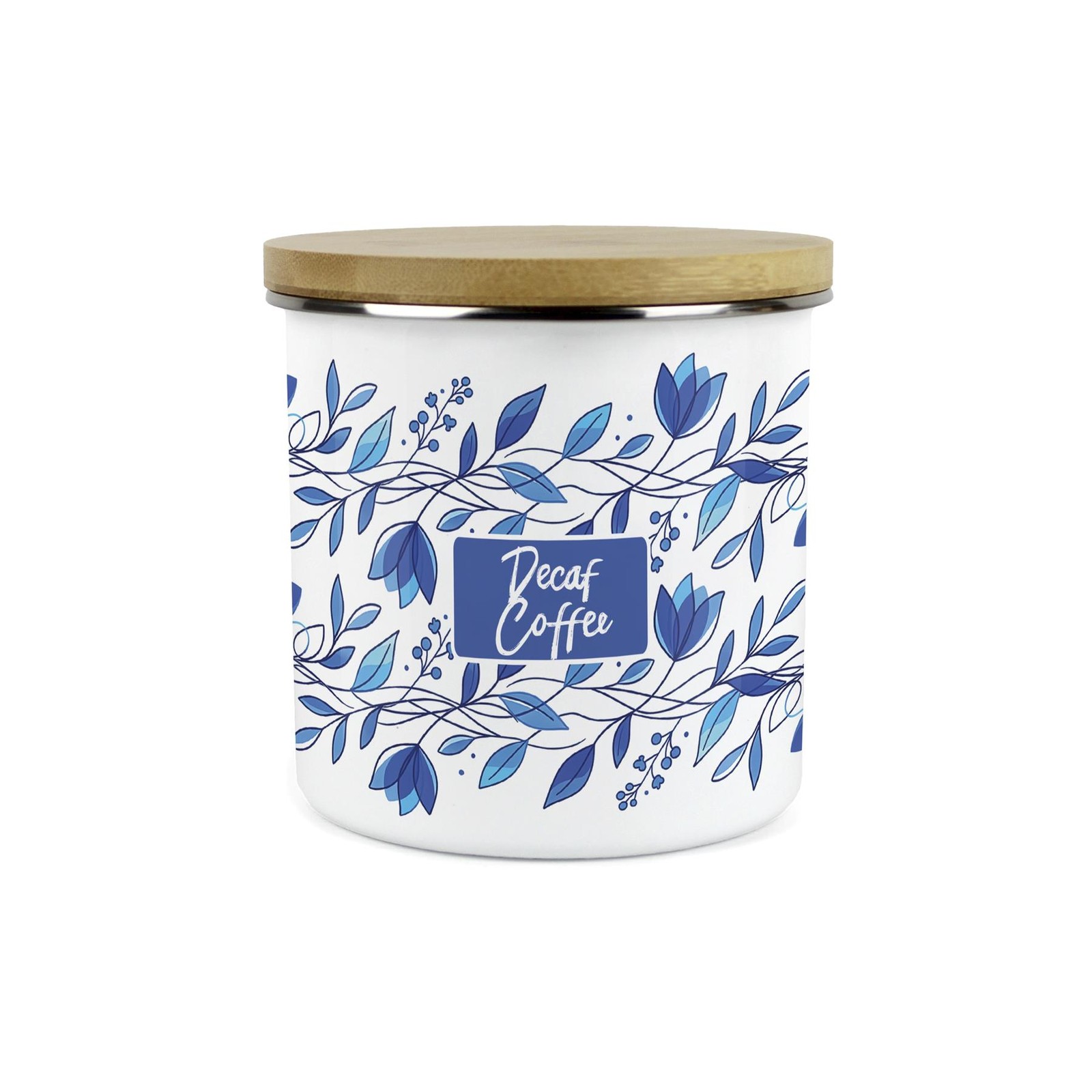 Blue Petals Decaf Coffee Canister - 1.2L Large Enamel Kitchen Storage Gift