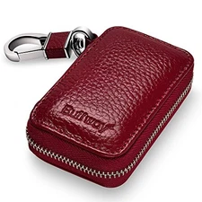  Car Key Chain Bag,Genuine Leather Car Keychain Coin Holder Metal Hook Cherry