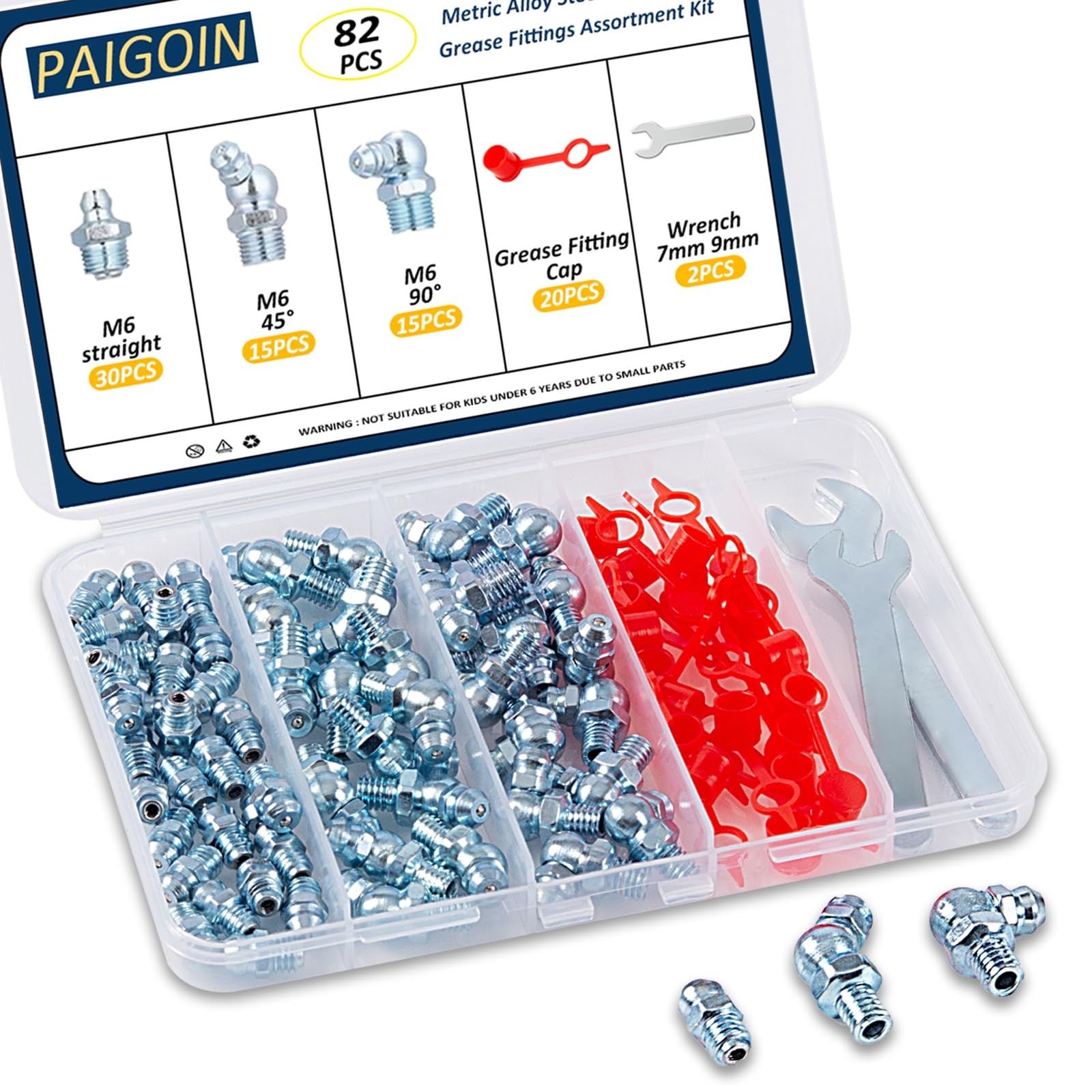 PAIGOIN M6 Metric Grease Fittings - 82PCS Zerk Kit with 6mm, Silver