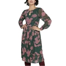 ModCloth 4 Green/Pink Floral Pleated Midi Dress Long Sheer Sleeve Keyhole