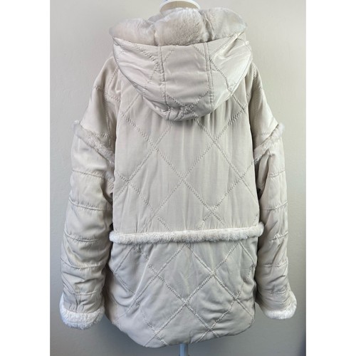 Vintage East West Beige Fur Trim Hooded Full Zip Puffer Jacket Women's Size S - Picture 2 of 6