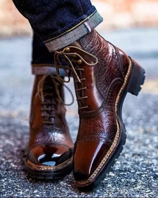 Buy Handmade Genuine Brown Leather Lace up Toe cap High Ankle Dress Party Boots