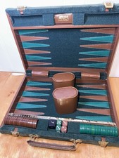 Aries Vintage Backgammon Travel Set Green Velvet Tan Trim Complete Excellent