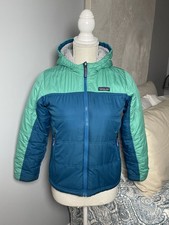 Patagonia Girls Reversible Hooded Jacket Fleece Puffer Blue Green M 10