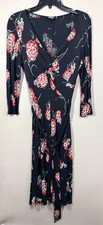 Laundry Dress Womens 6 Black Red Floral Twist Front Midi Cottagecore VTG 90s