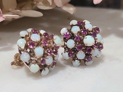 Vintage 10k Gelbgold Opal Rubin Cluster Ohrringe Thai Prinzessin Kuppel Ohrstecker