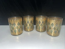 SET OF 4--MCM CULVER VALENCIA Lowball Whiskey Glasses 22k Gold Green Diamond
