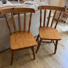 Vintage Two Solid Pine Farmhouse Turned Wooden Chairs Rustic Cottagecore 86cm