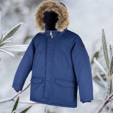 NWT Polo Ralph Lauren Down Puffer Jacket Boys Blue Yellow Fur Hood Size M 10 12