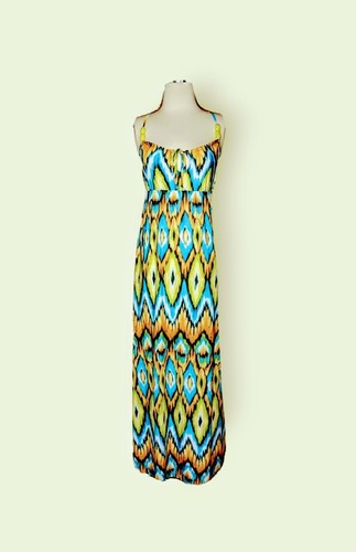 DEREK HEART Maxikleid Artsy CHUNKY BEADS Hippie Boho BUNT Ärmellos MEDIUM