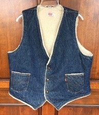 Vintage 70s Levis Vest Western Lined Denim Orange Tab Red Trucker USA Men's XL