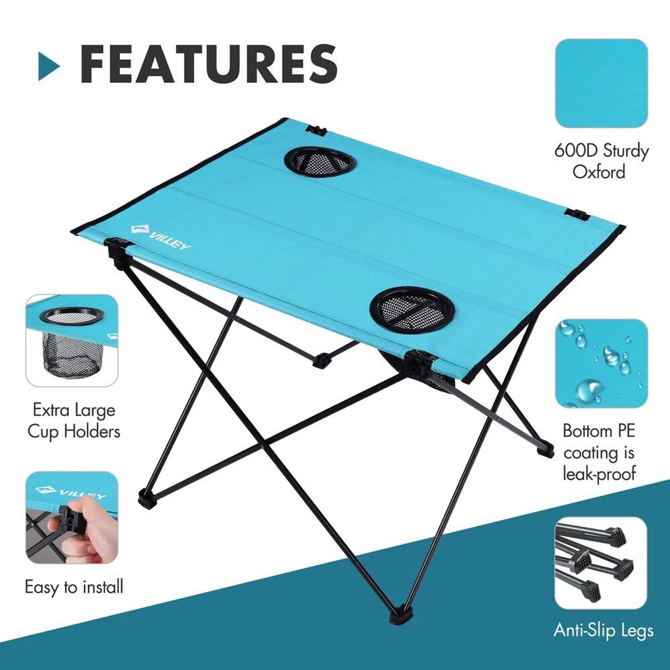 VILLEY Mesa de Camping Plegable con Bolsa Portavasos Ligera Portátil Mesa de Playa Foto 4 de 4