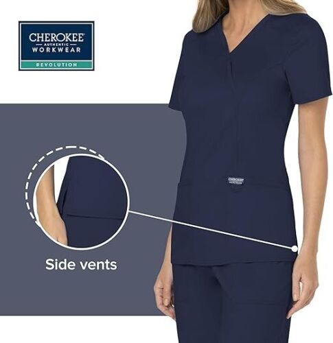 Cherokee Scrubs for Women Mock Wrap Top with 3 Pocket, Back Princess Seams, Navy - Picture 4 of 6