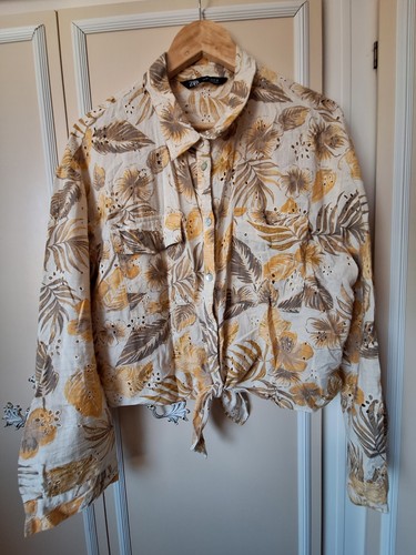ZARA Top XL Yellow broderie anglaise shirt Tie Front size Tropical Vintage Style - Picture 8 of 11