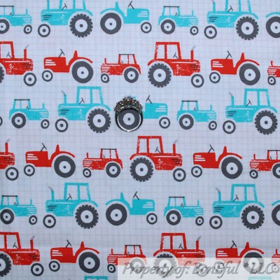 BonEful Fabric FQ Cotton Quilt White Red Green Farm Tractor Kid Scenic RARE SALE