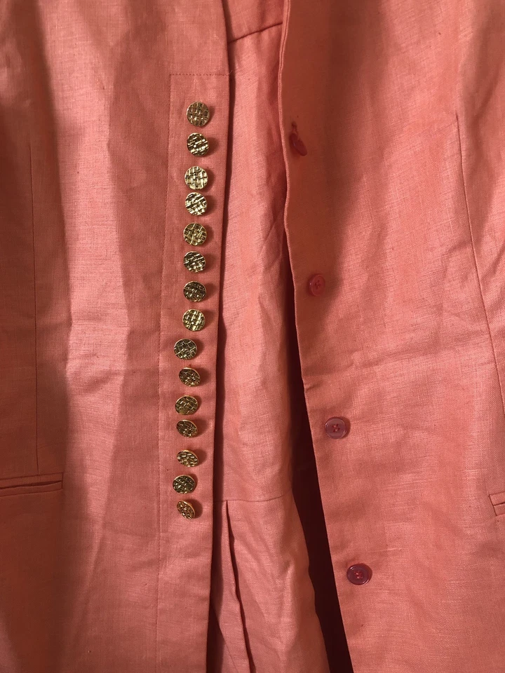 Traje con Falda Bloomingdales Naranja Coral Lino Talla 4 Falda Botones Dorados De Colección NUEVO Foto 3 de 4