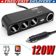 4Way Multi Car Cigarette Lighter Socket Extension Splitter USB Charger 120W 12V