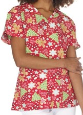 Cassandra O Holiday Treats Womens Scrub Top Size Small Christmas Tree Candy
