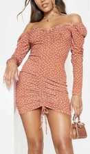 prettylttlething terecotta polka dot ruched bardot  front mini dress uk 8 bnwt